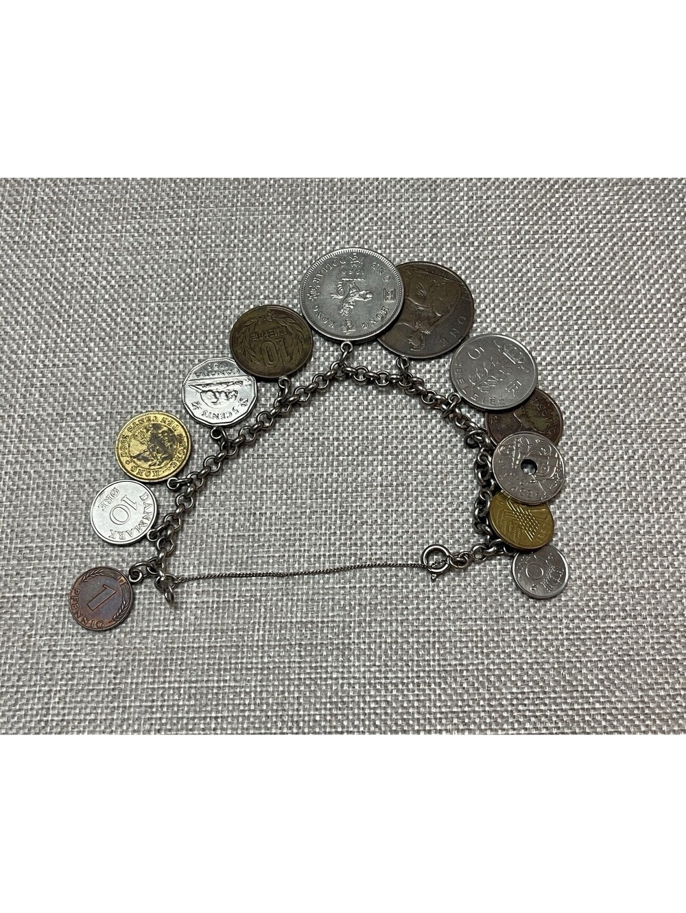 Vintage 1950s 925 Sterling Silver Foreign Coin Charm Bracelet 6.5” Inch - Picture 2 of 6